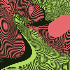 Fototapete - Abstract vector illustration with flowing green and pink wavy lines on a black background, creating a vibrant, energetic, and dynamic sense of movement and optical illusion.
