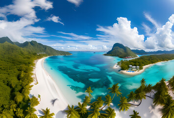 Wall Mural - Summer background beautiful beach aqua sea blue sky coconut palm trees white sand,generative ai