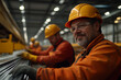 © A2Z AI  - Factory Workers: Focused labor. Skilled men in hard hats and protective gear work in a bright factory. Teamwork and industry in action.