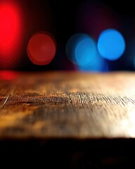 Poster - Wooden table with festive red and blue bokeh lights creating a cozy ambiance ideal for backgrounds