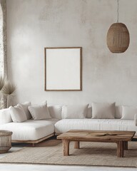 Leinwandbilder - Serene Bohemian Living Room Interior with Sofa Woven Lamp and Rustic Table Framed Art on Light Wall