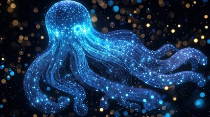 Glowing blue octopus surrounded by sparkling bokeh lights