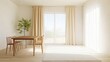 © Smoky - Bright Dining Room Interior with Wooden Table Chairs Beige Curtains Plant and Sunlight Casting Soft Shadows and a Minimalist Scandinavian Design