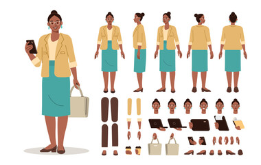 Wall Mural - casual business woman holding smartphone. character constructor for animation. front, side and back 