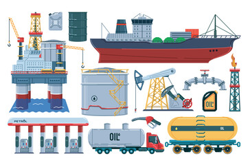 Aufkleber - Oil industry set in flat graphic design. Collection isolated elements of platform with drilling rig, barrel, canister, tanker ship, storage tank, pipeline, truck, station, other. Vector illustration.
