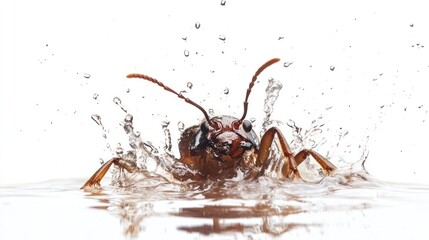 Wall Mural - Close up of a dramatic wet spider crawling through splashing water droplets on a white background  The spider s powerful movements and the water s impact create an intense energetic