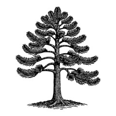 detailed cupressus tree illustration in vintage black and white outline line art drawing style