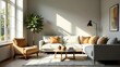 © Wonder Gallery - Sunlight streams into a modern living room, illuminating a comfortable sectional sofa with warm-toned throw pillows, a stylish armchair, and a coffee table displaying simple decor
