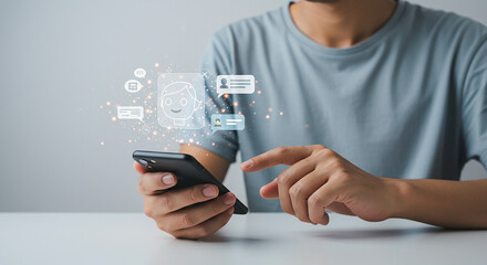 person using smartphone with chat bot interface and message icons displayed on screen around phone