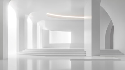 Wall Mural - minimalist white architecture interior with curved walls, columns, and subtle lighting.