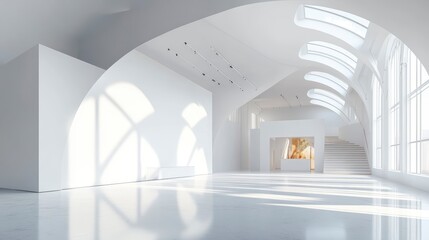 Wall Mural - Sunlit modern gallery interior with high ceilings, arched windows, and blank wall.