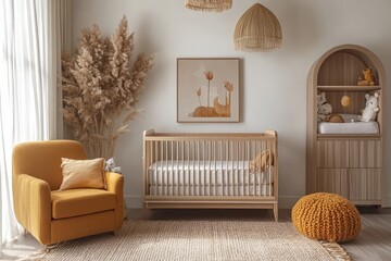 Poster - Cozy nursery featuring wooden crib, plush decor, and warm earthy tones, designed for a peaceful and inviting atmosphere