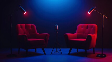 Wall Mural - Two red velvet armchairs face a microphone under blue and purple lighting in a dark room.