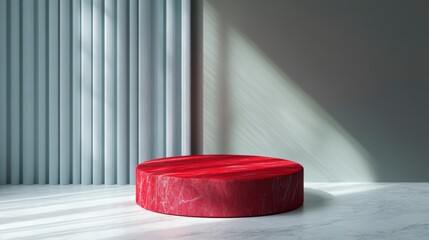 Wall Mural - Red cylindrical podium on marble floor with light and curtains.