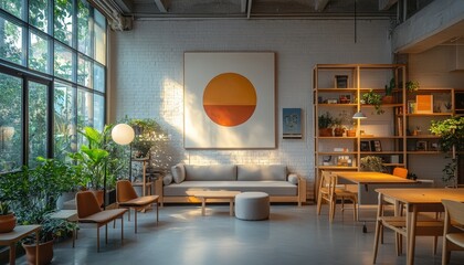 Aufkleber - Brightly decorated modern lounge area with vibrant orange furniture and contemporary art in a stylish urban cafe
