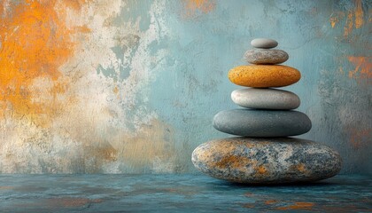 Aufkleber - Balanced arrangement of smooth stones on a textured surface representing tranquility and mindfulness in a serene interior space