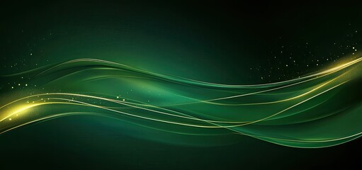 Wall Mural - Abstract Green Wavy Lines with Golden Light Streaks and Glittering Sparkle Effects