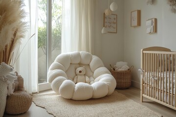 Poster - Bright and cozy nursery with soft natural light and minimalistic decor featuring a comfortable chair and a crib