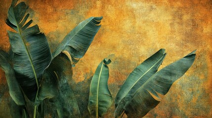 Wall Mural - lush green banana leaves against a textured ochre wall.
