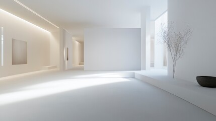 Canvas Print - minimalist white interior design, spacious room with sunlight, plant, and simple decor.