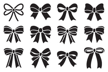 Set of black ribbon bow silhouettes vector illustration collection isolated on white background for decoration, gift wrap, fashion design, festive packaging, wedding, and craft elements