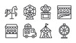 © Sanych - Amusement park outline icons - funfair, carnival, and festival symbols in line style: carousel horse, ferris wheel, clown, shooting gallery, teddy bear booth, food truck, circus tent, spin wheel.