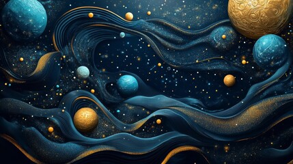 Wall Mural - abstract cosmic art with swirling dark blue and gold fabric, planets, and glittering dust.