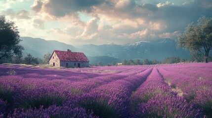 Poster - Lavender fields bathed in orange sunlight with a quaint farmhouse in the background during sunset in Provence, France