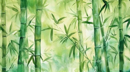 Wall Mural - watercolor painting of a lush bamboo forest with vibrant green stalks and leaves.