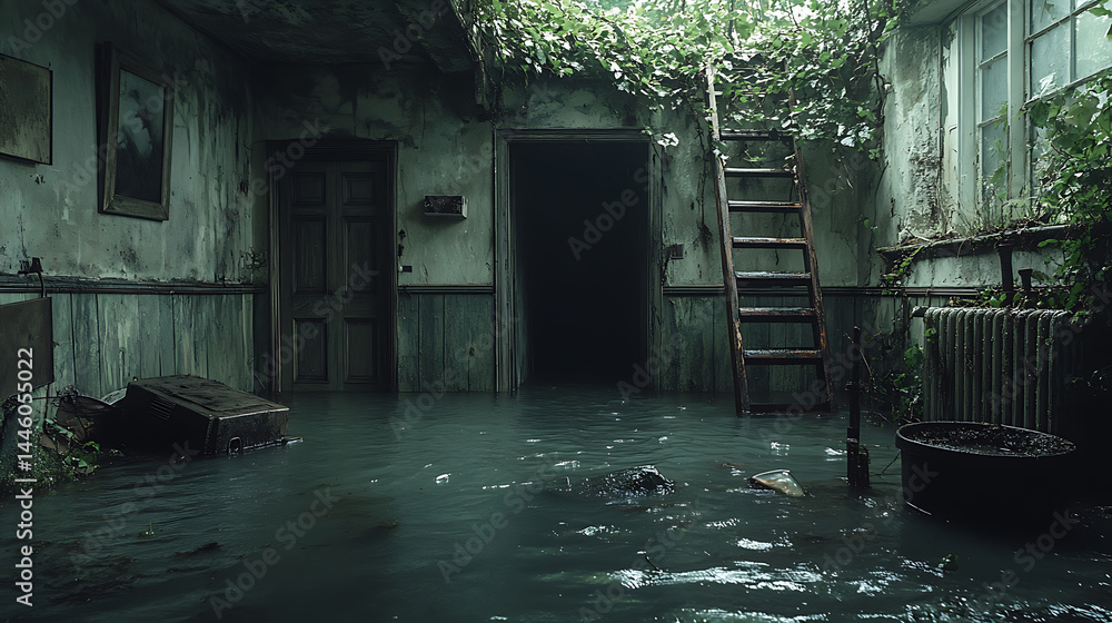 Overgrown flooded room with ladder plants and abandoned interior