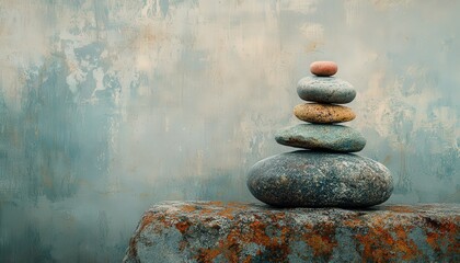 Aufkleber - Stacked stones create a serene focal point against a textured background in a calming indoor environment, emphasizing tranquility and balance in design