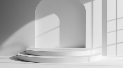 Wall Mural - Minimalist white podium with archway and sunlight shadows, perfect for product display or presentation.