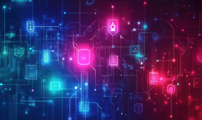 Wall Mural - abstract digital technology background with glowing circuit patterns and icons.