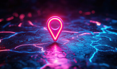 Wall Mural - neon location pin on glowing cracked surface with vibrant blue and pink colors.