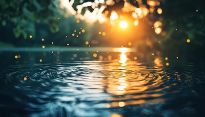 Poster - Sunset reflecting on water surface with bokeh lights illuminating the surroundings at a tranquil evening setting