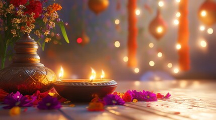 Wall Mural - festive diyas with flowers and warm lights.
