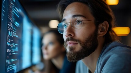 Software developer working on computer code in office at night