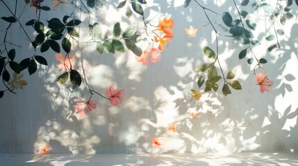 Wall Mural - sunlit wall with painted floral design and leaf shadows.