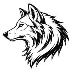  Black and White Line Art Silhouette of Wolf Head in Side View with Detailed Fur