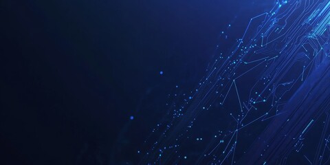 A blue background banner with a futuristic design features a circuit board shape. Lines connect to form a network structure. The dark blue color provides a strong contrast.