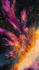 Fototapete - Abstract image of vibrant purple, orange, and gold pigments exploding against a dark background, creating a dynamic and energetic visual, representative of creativity and cosmic energy