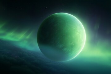 Wall Mural - Green planet rotating in space with glowing auroras and stars in the background, creating a mesmerizing cosmic scene