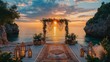 © kurosaki_D - Coastal wedding ceremony at sunset with wooden archway.