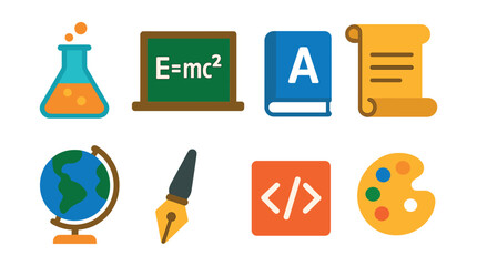 Flat vector icons of subject categories: science flask icon, math equations board, language book, history scroll, geography globe, literature pen, computer code brackets, art palette symbol.