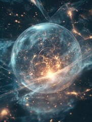 Wall Mural - floating quantum ai sphere emits intricate energy patterns in a cosmic background designed with prec