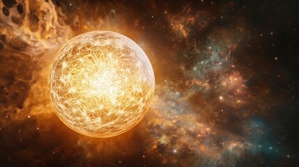 Wall Mural - glowing quantum ai sphere floats in cosmic space with intricate energy patterns aligned to the golde