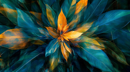 Fototapete - Close-up of teal and gold leaves, layered to create depth and texture, showcasing vibrant natural hues symbolizing growth and richness