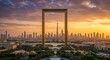 © Naru - Dubai Frame Sunset Panorama - Stunning sunset view of Dubai skyline framed by the iconic Dubai Frame, a modern architectural marvel