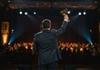 © Thecreator T - Man in suit holding trophy on stage in front of audience under spotlights celebrating achievement