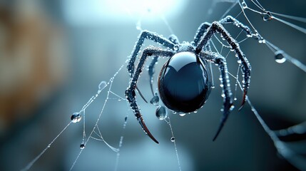 Black spider is perched on its web, adorned with droplets of water, creating a stunning reflection in the light.